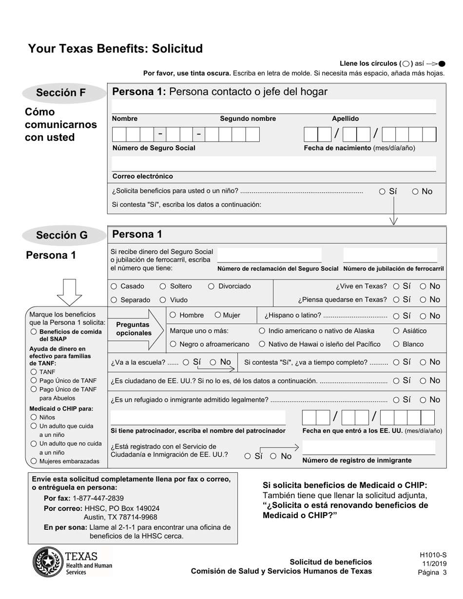 Formulario H1010-S Solicitud De Beneficios De Comida Del Programa Snap, Medicaid Y Chip, or Ayuda De Dinero En Efectivo De TANF Para Familias - Texas (Spanish), Page 7