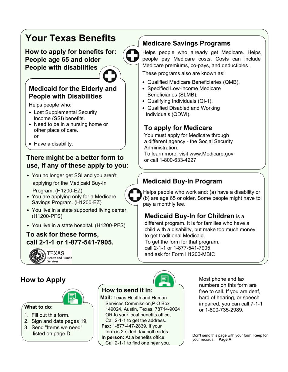 Form H1200 Application for Benefits - People Age 65 and Older, People With Disabilities - Texas, Page 1