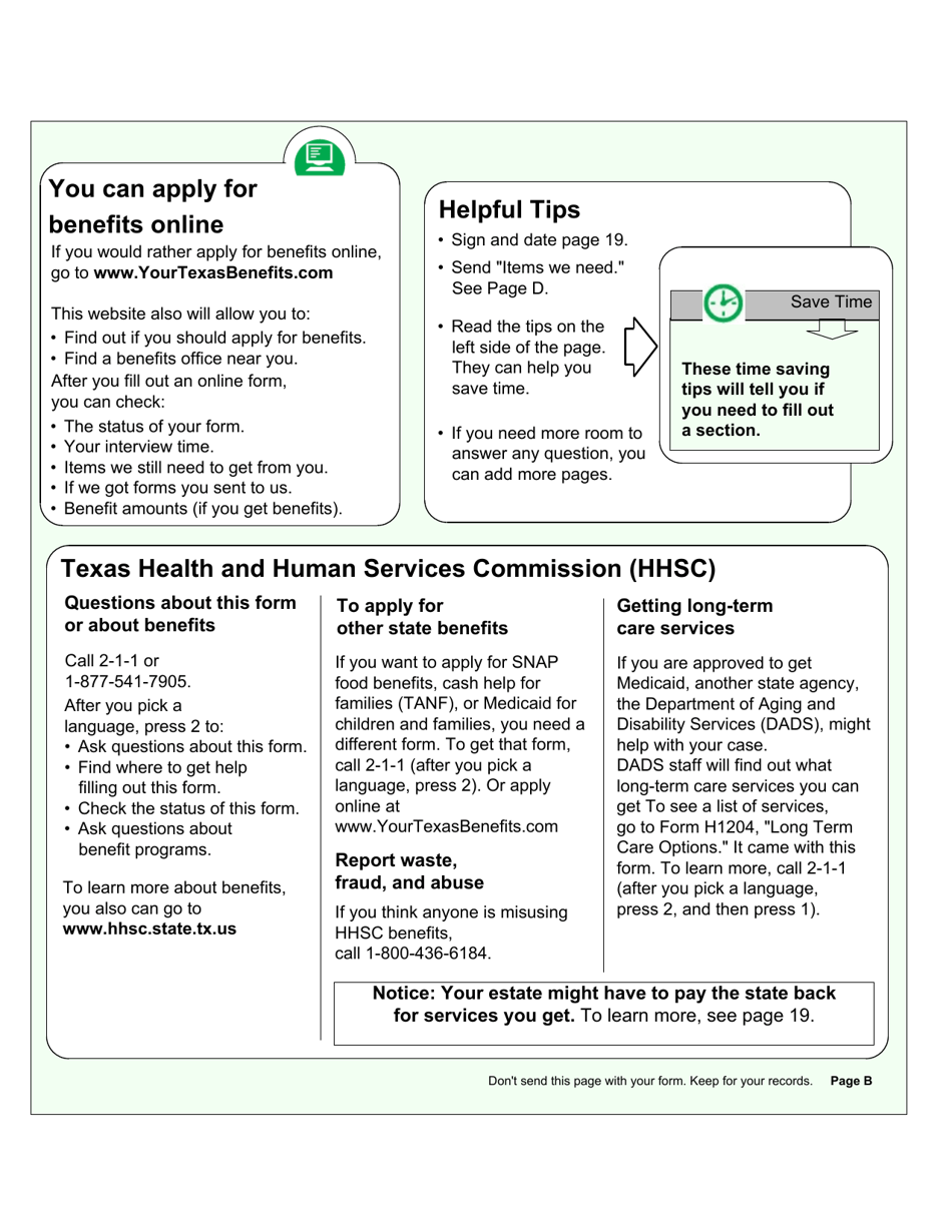 Form H1200 Application for Benefits - People Age 65 and Older, People With Disabilities - Texas, Page 2