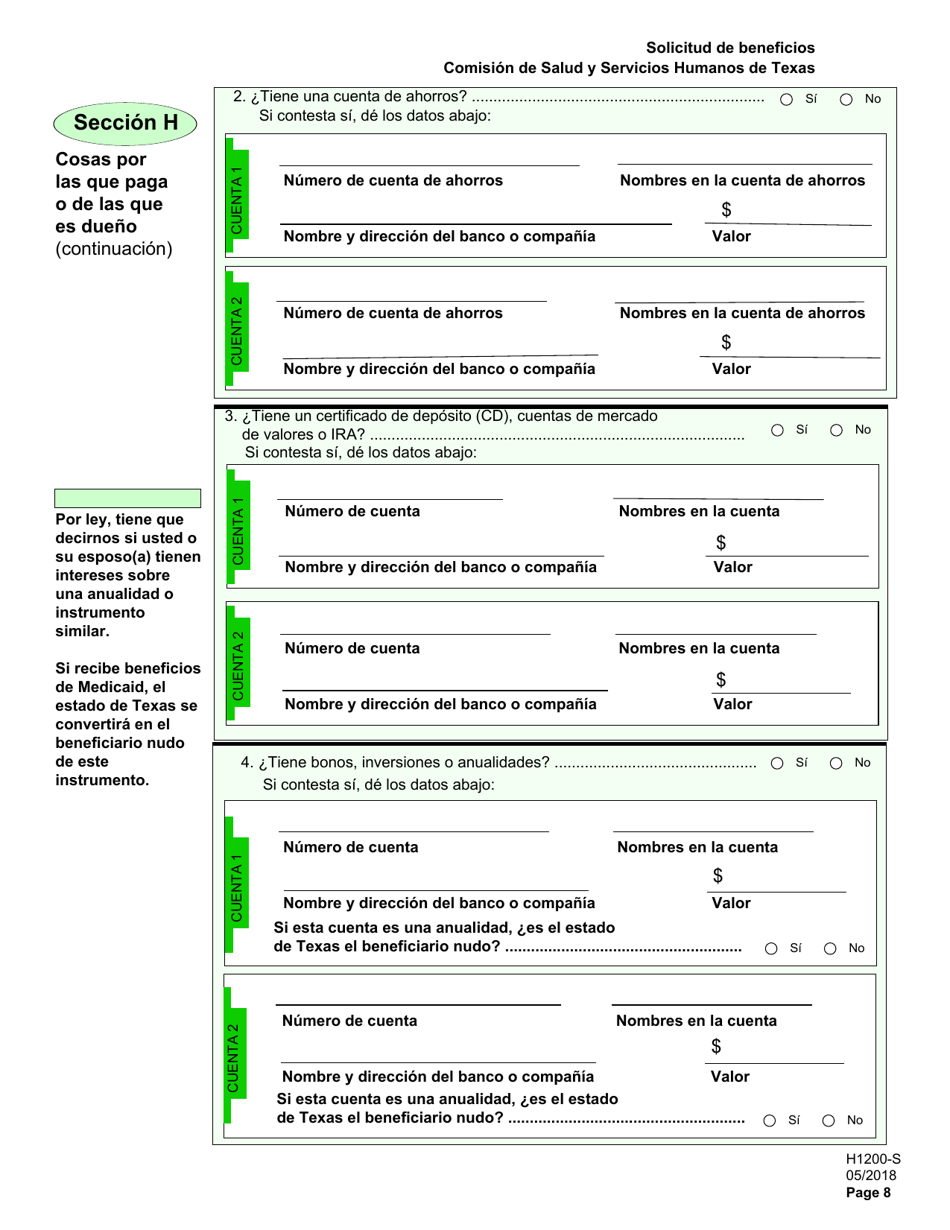 Formulario H1200-S Solicitud De Beneficios - Personas De 65 anos O Mayores, Personas Discapacitadas - Texas (Spanish), Page 12