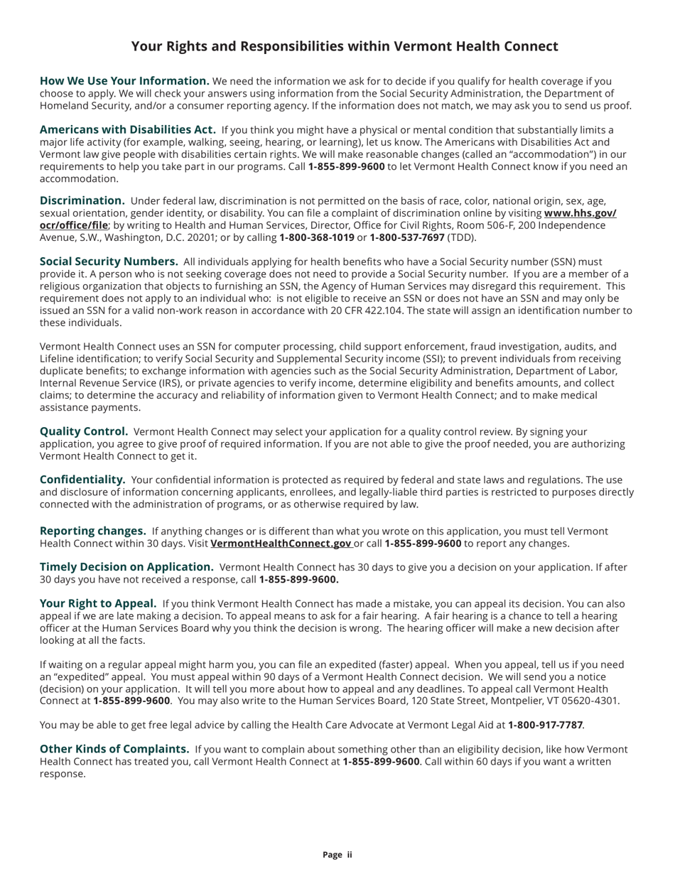 Form 205INFA Application for Health Coverage - Vermont, Page 2