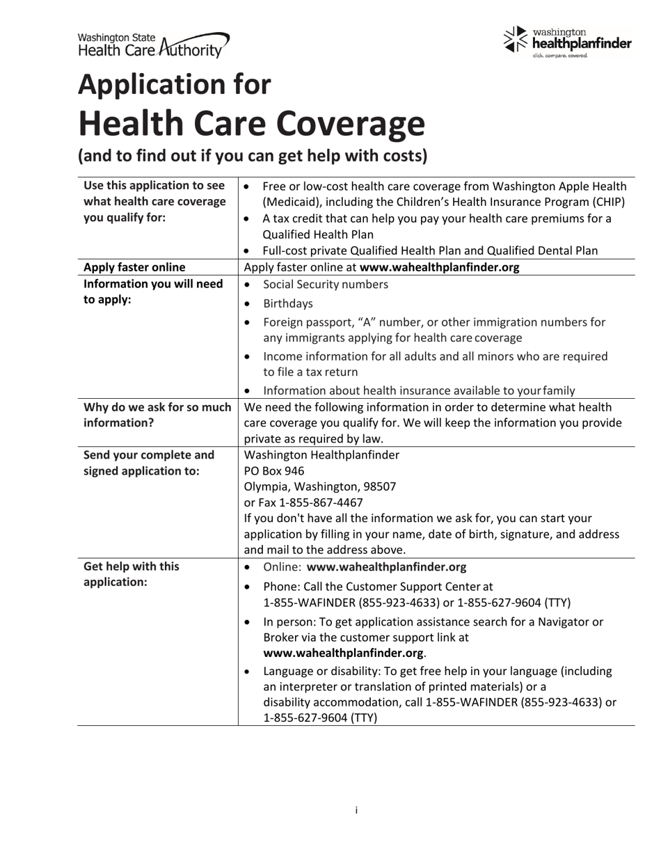 Form HCA18-001P Application for Health Care Coverage - Washington, Page 1