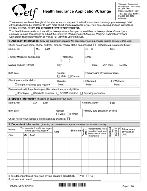 Form ET-2301 Health Insurance Application/Change - Wisconsin