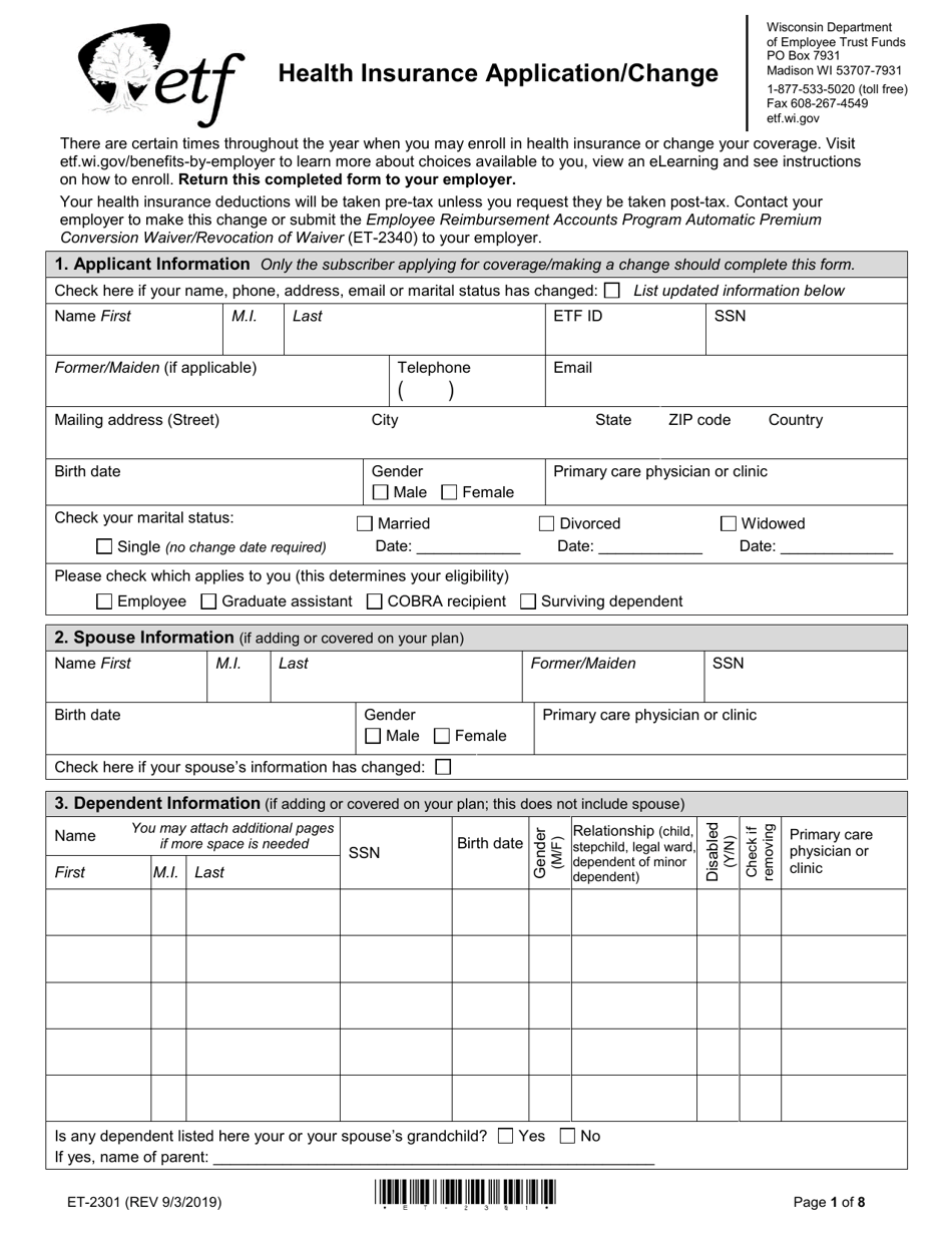 Form ET-2301 Health Insurance Application / Change - Wisconsin, Page 1