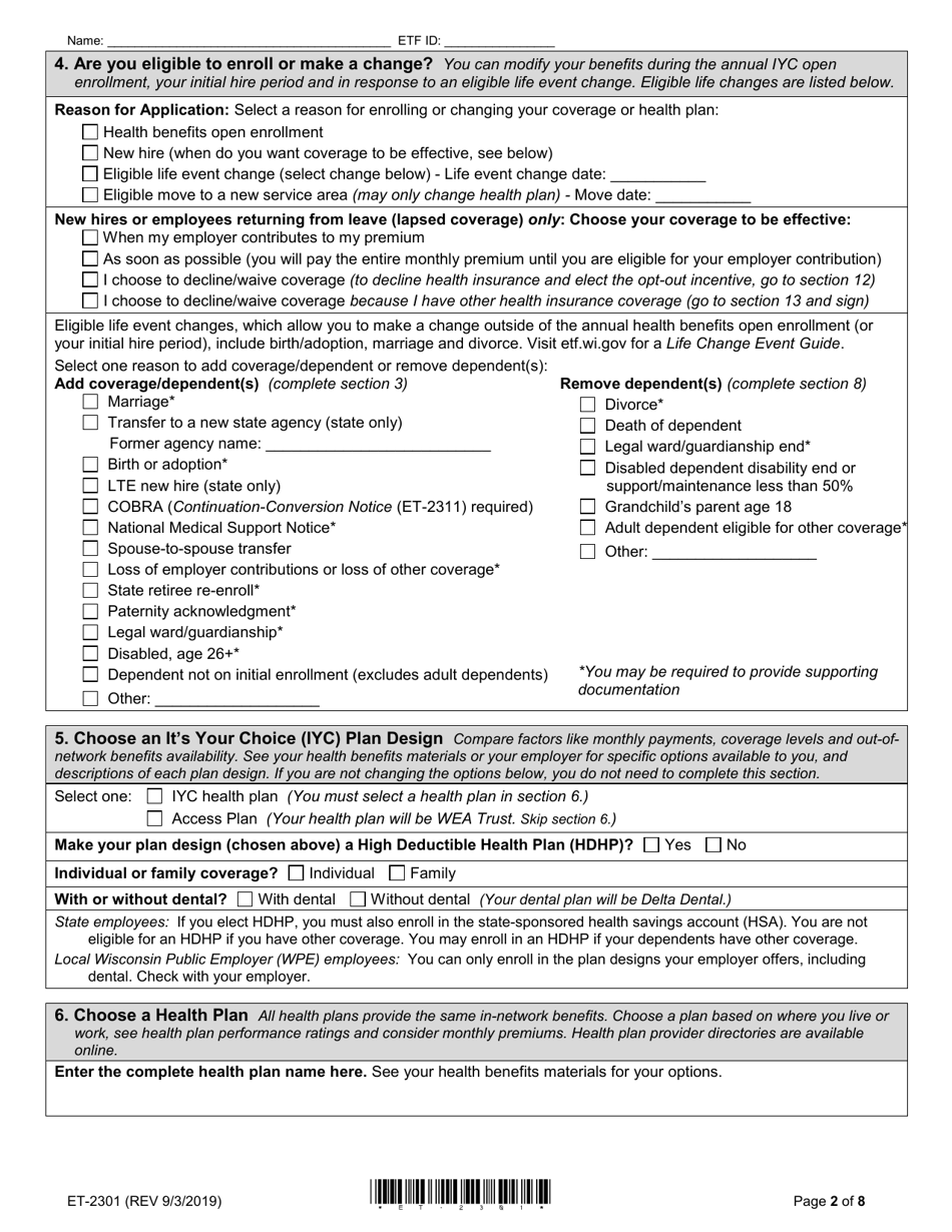Form ET-2301 Health Insurance Application / Change - Wisconsin, Page 2
