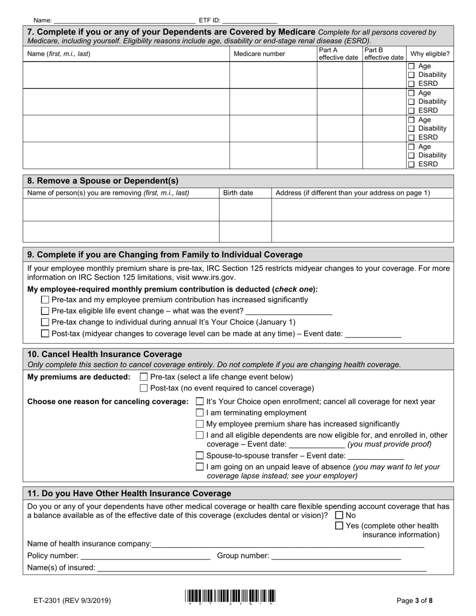 Form ET-2301 Health Insurance Application / Change - Wisconsin, Page 3