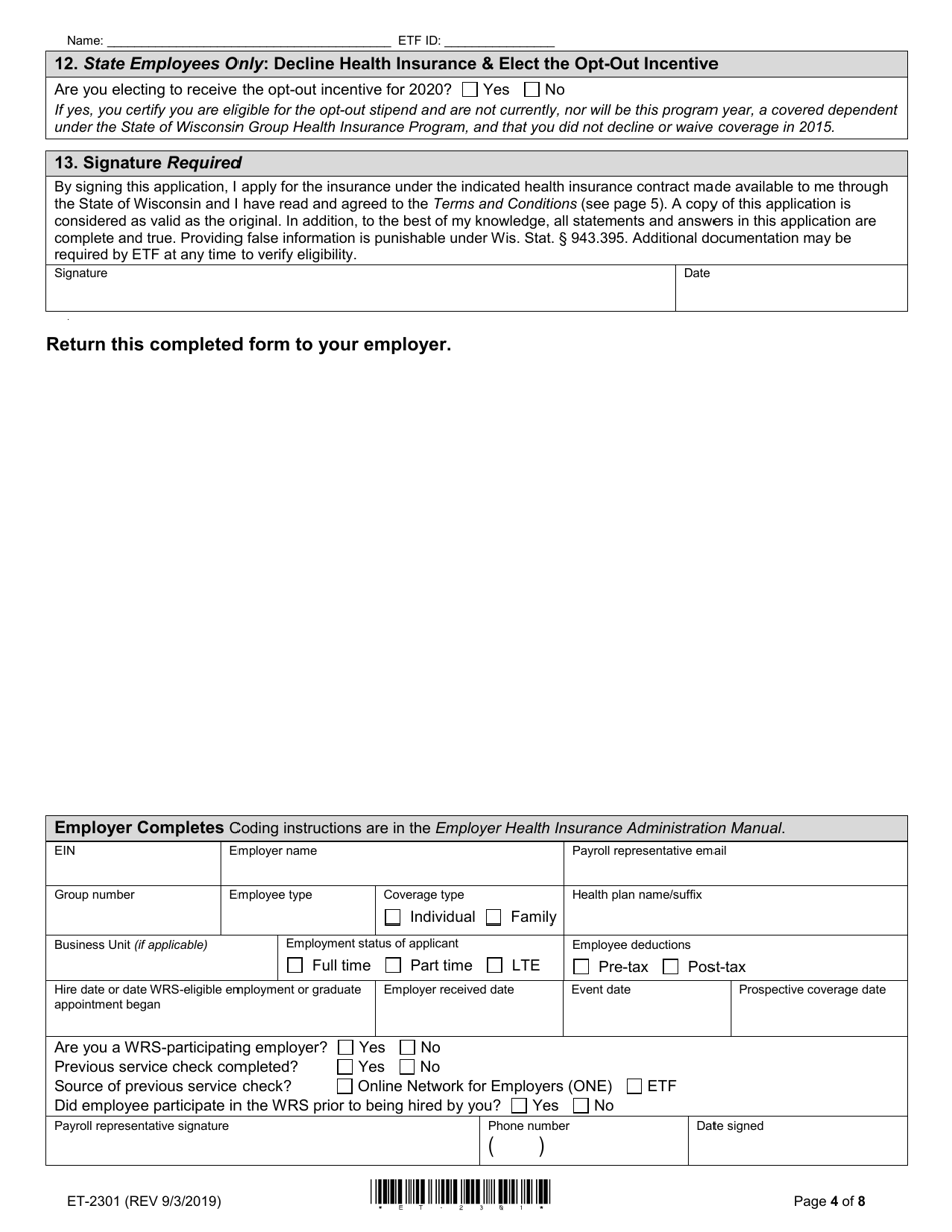 Form ET-2301 Health Insurance Application / Change - Wisconsin, Page 4