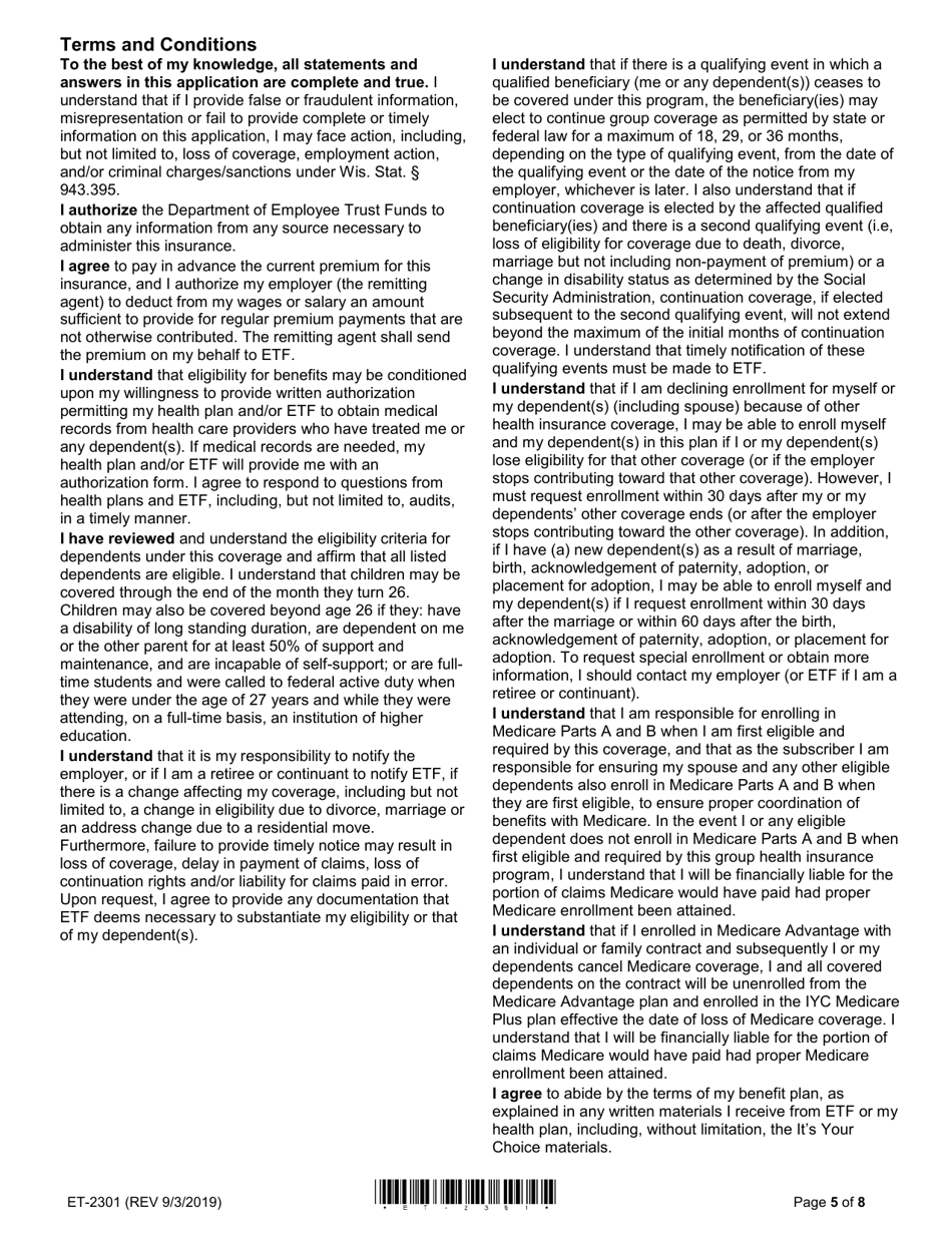 Form ET-2301 Health Insurance Application / Change - Wisconsin, Page 5