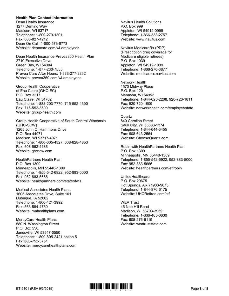Form ET-2301 Health Insurance Application / Change - Wisconsin, Page 8