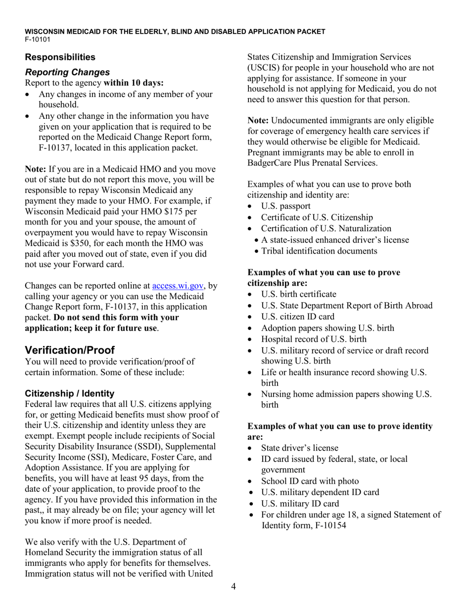 Form F-10101 Wisconsin Medicaid for the Elderly, Blind or Disabled Application Packet - Wisconsin, Page 4