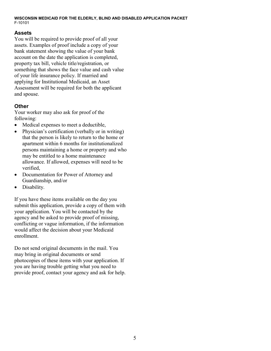 Form F-10101 Wisconsin Medicaid for the Elderly, Blind or Disabled Application Packet - Wisconsin, Page 5