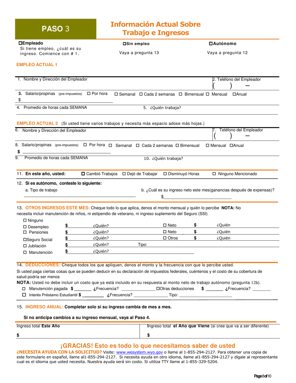 Solicitud Para Cobertura De Salud  Ayuda Para Pagar Costos - Wyoming (Spanish), Page 9