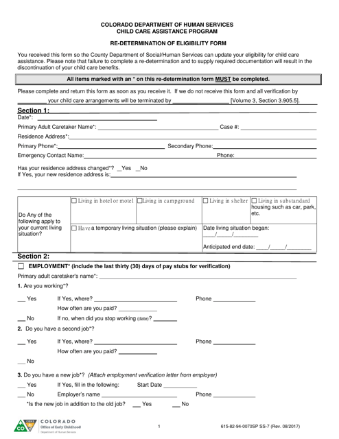 Form 615-82-94-0070SP SS-7 Re-determination of Eligibility Form - Colorado