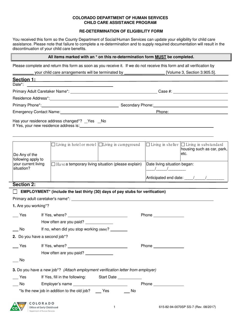 Form 615-82-94-0070SP SS-7 Re-determination of Eligibility Form - Colorado, Page 1