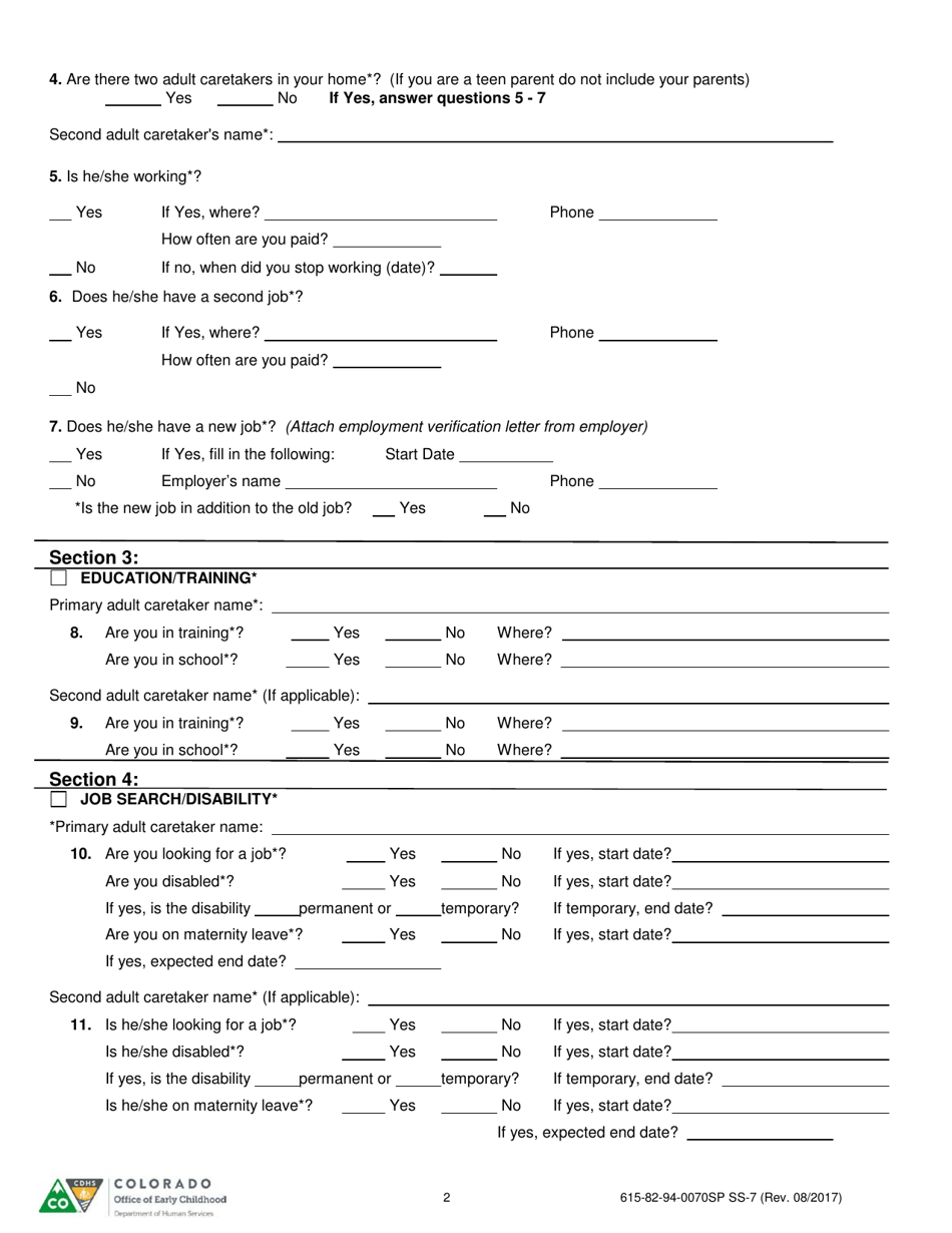 Form 615-82-94-0070SP SS-7 Re-determination of Eligibility Form - Colorado, Page 2