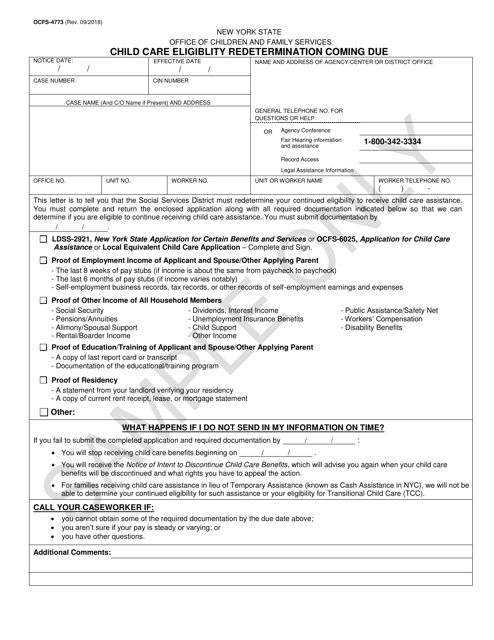 Sample Form OCFS-4773 Child Care Eligibility Redetermination Coming Due - New York