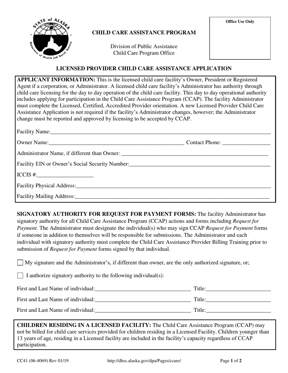 Form CC41 (06-4069) Licensed Provider Child Care Assistance Application - Alaska, Page 1