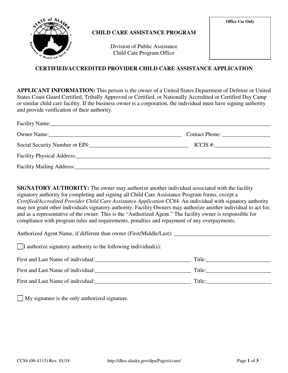 Form CC84 (06-4115) Certified/Accredited Provider Child Care Assistance Application - Alaska, Page 1