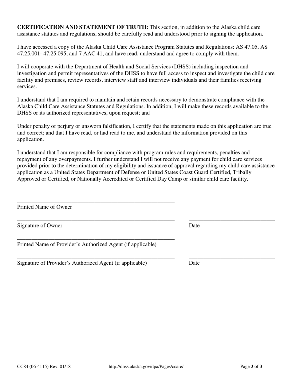 Form CC84 (06-4115) Certified / Accredited Provider Child Care Assistance Application - Alaska, Page 3