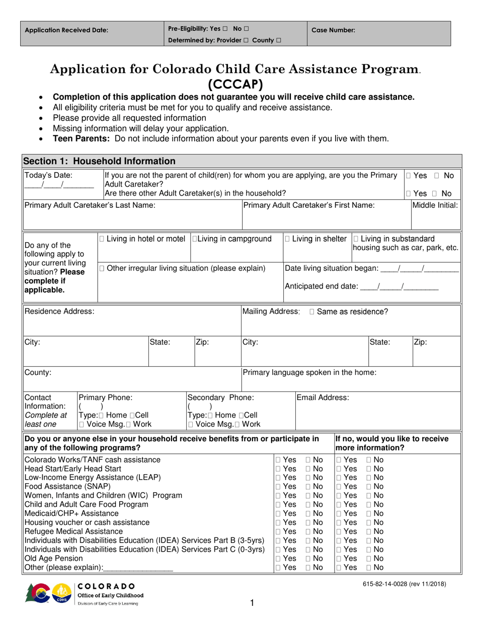 Form 615-82-14-0028 Application for Colorado Child Care Assistance Program (Cccap) - Colorado, Page 1