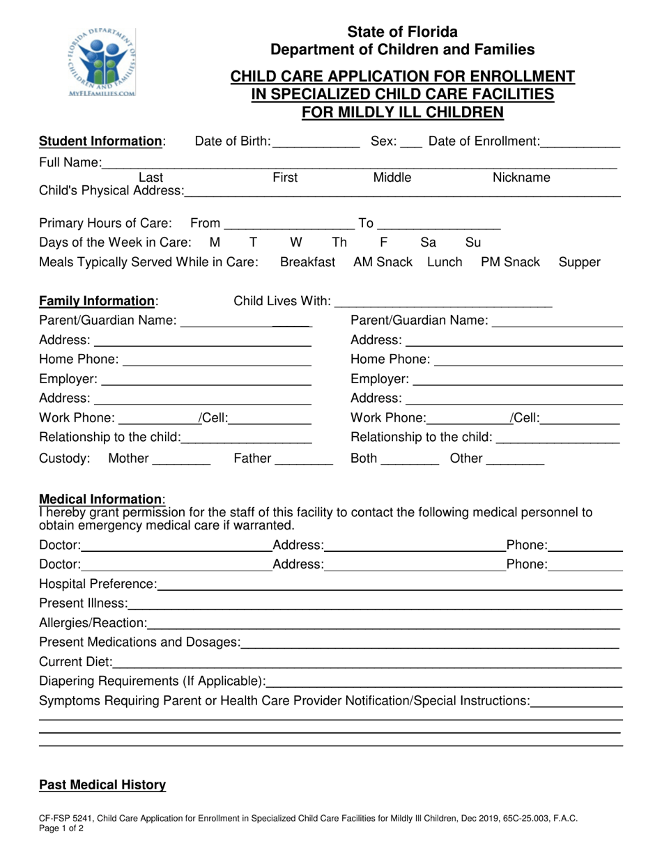 Form CF-FSP5241 Child Care Application for Enrollment in Specialized Child Care Facilities for Mildly Ill Children - Florida, Page 1
