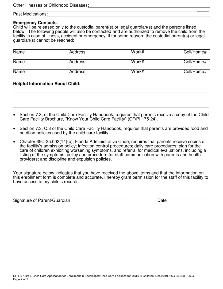 Form CF-FSP5241 Child Care Application for Enrollment in Specialized Child Care Facilities for Mildly Ill Children - Florida, Page 2