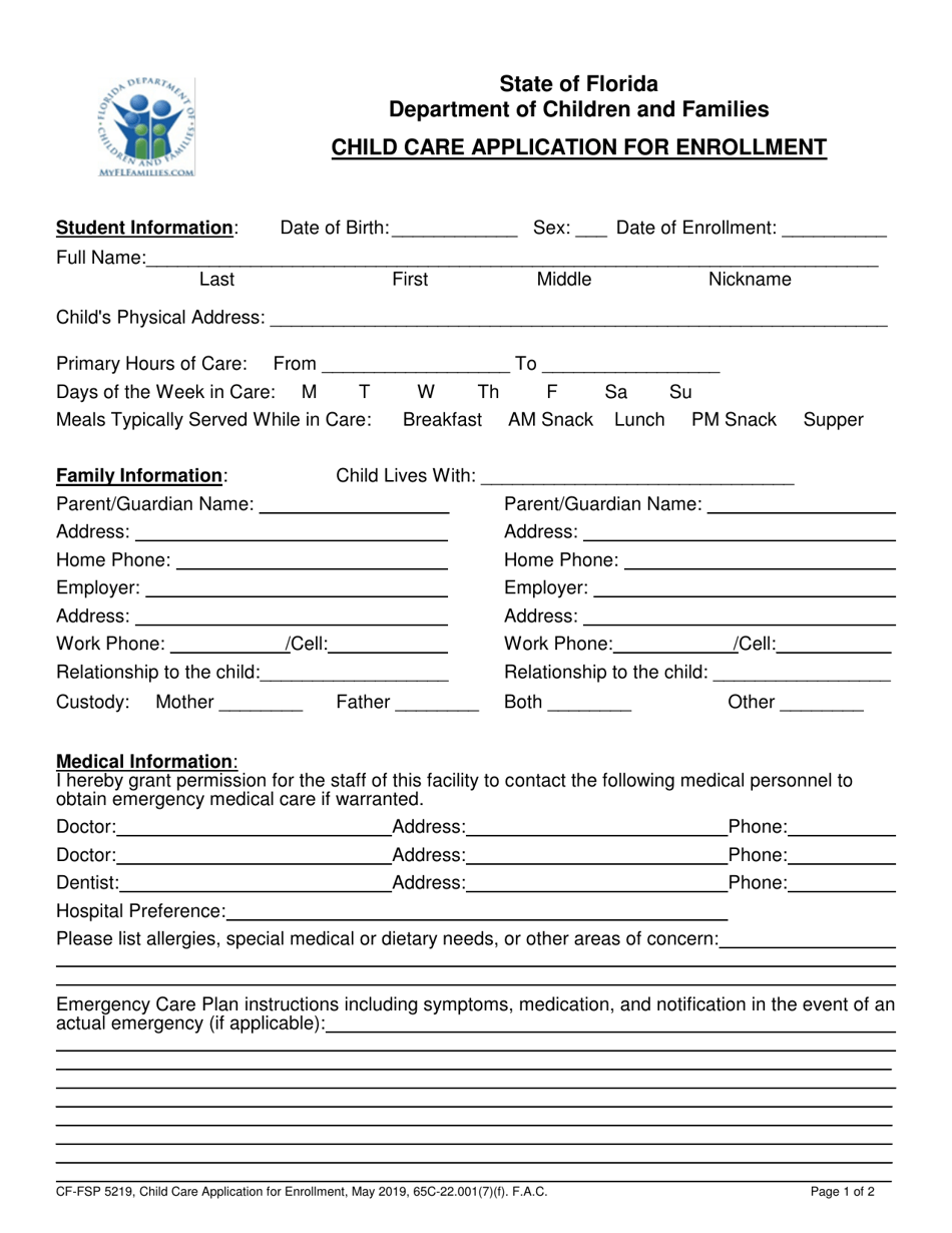 Form CF-FSP5219 Child Care Application for Enrollment - Florida, Page 1