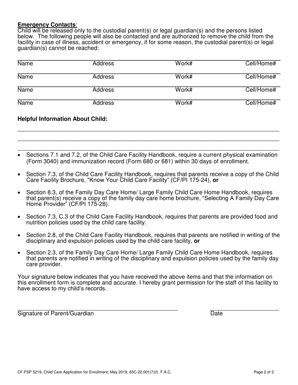 Form CF-FSP5219 Child Care Application for Enrollment - Florida, Page 2