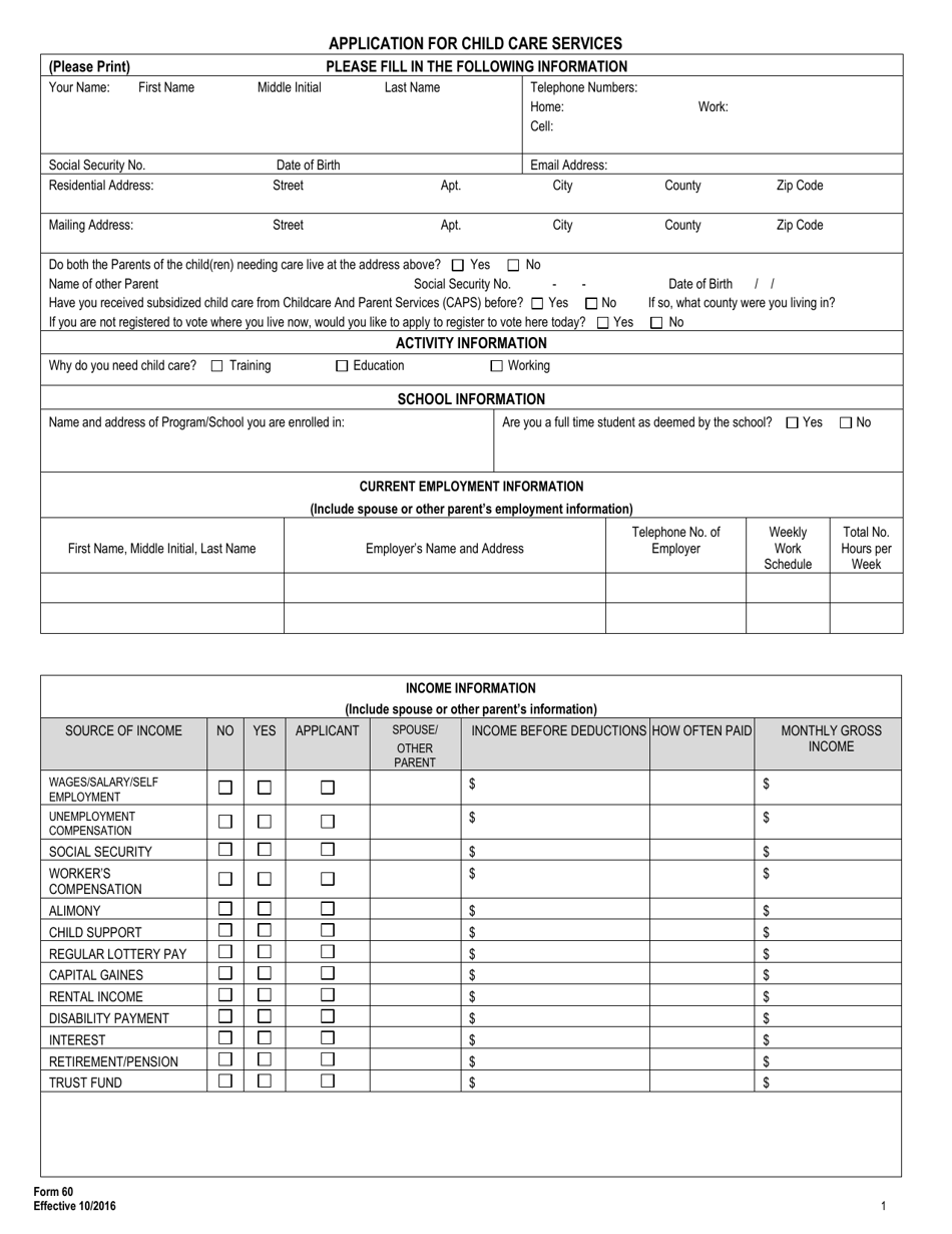 Form 60 Application for Child Care Services - Georgia (United States), Page 1
