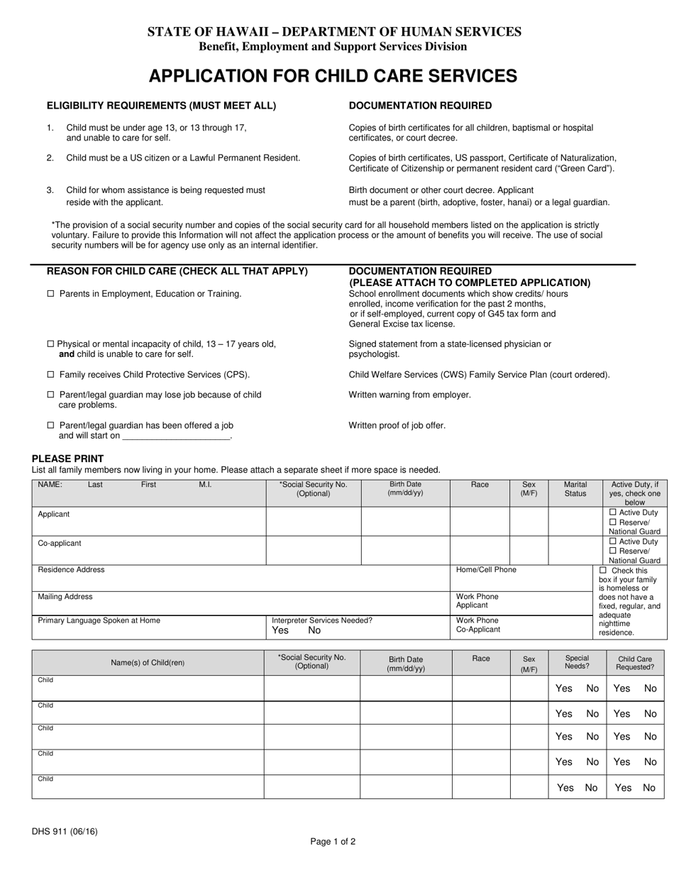 Form DHS911 - Fill Out, Sign Online and Download Fillable PDF, Hawaii ...