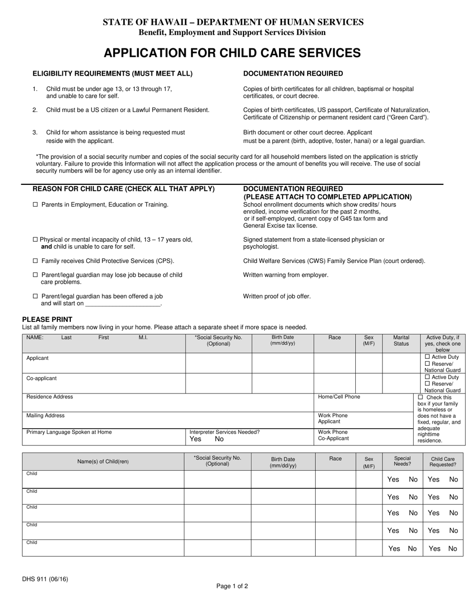 Form DHS911 Application for Child Care Services - Hawaii, Page 1