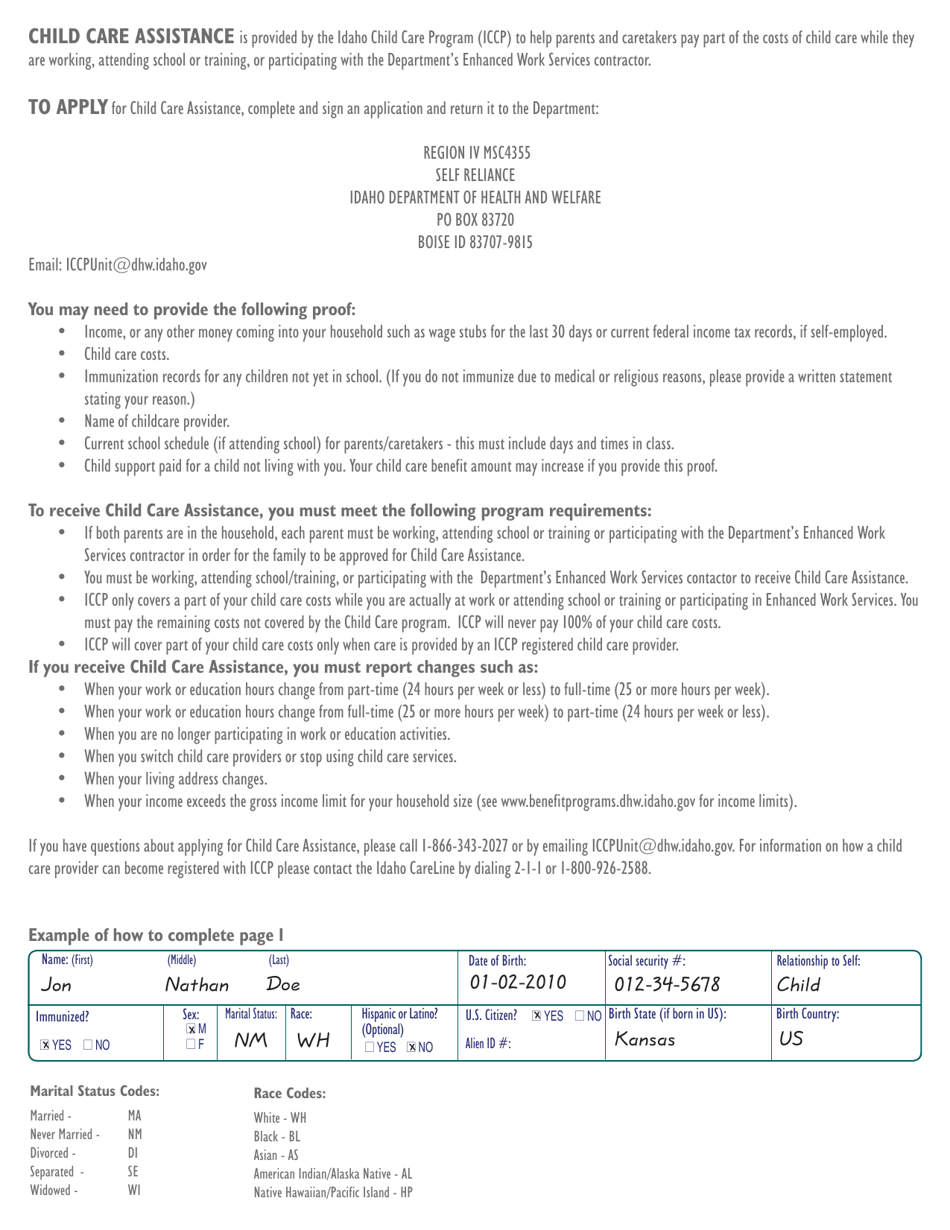 Form HW0217 Application for Child Care Assistance - Idaho, Page 3
