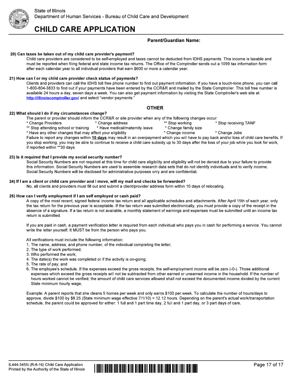 Form IL444-3455I Child Care Application - Illinois, Page 17
