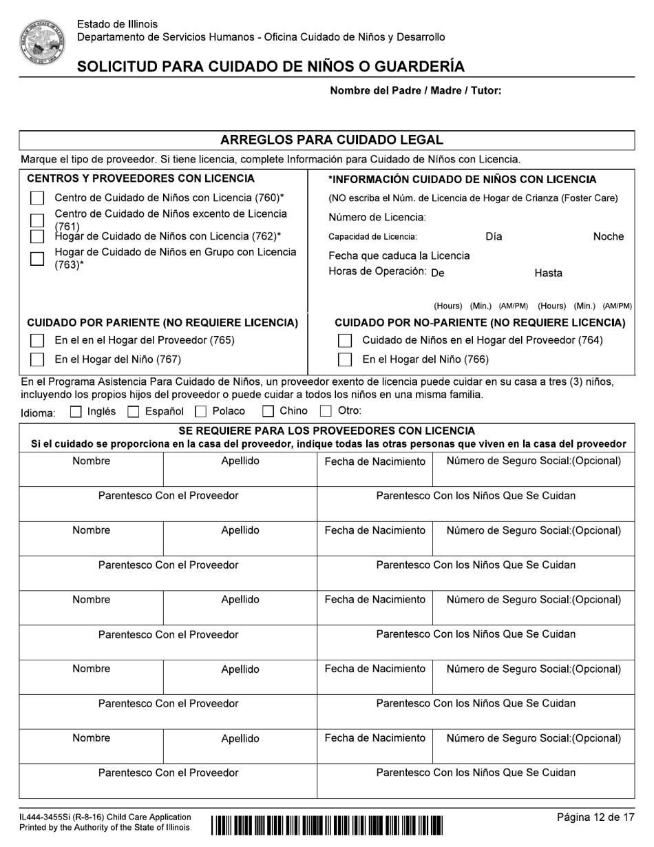 Formulario IL444-3455SI Solicitud Para Cuidado De Ni os O Guarderia - Illinois (Spanish), Page 12