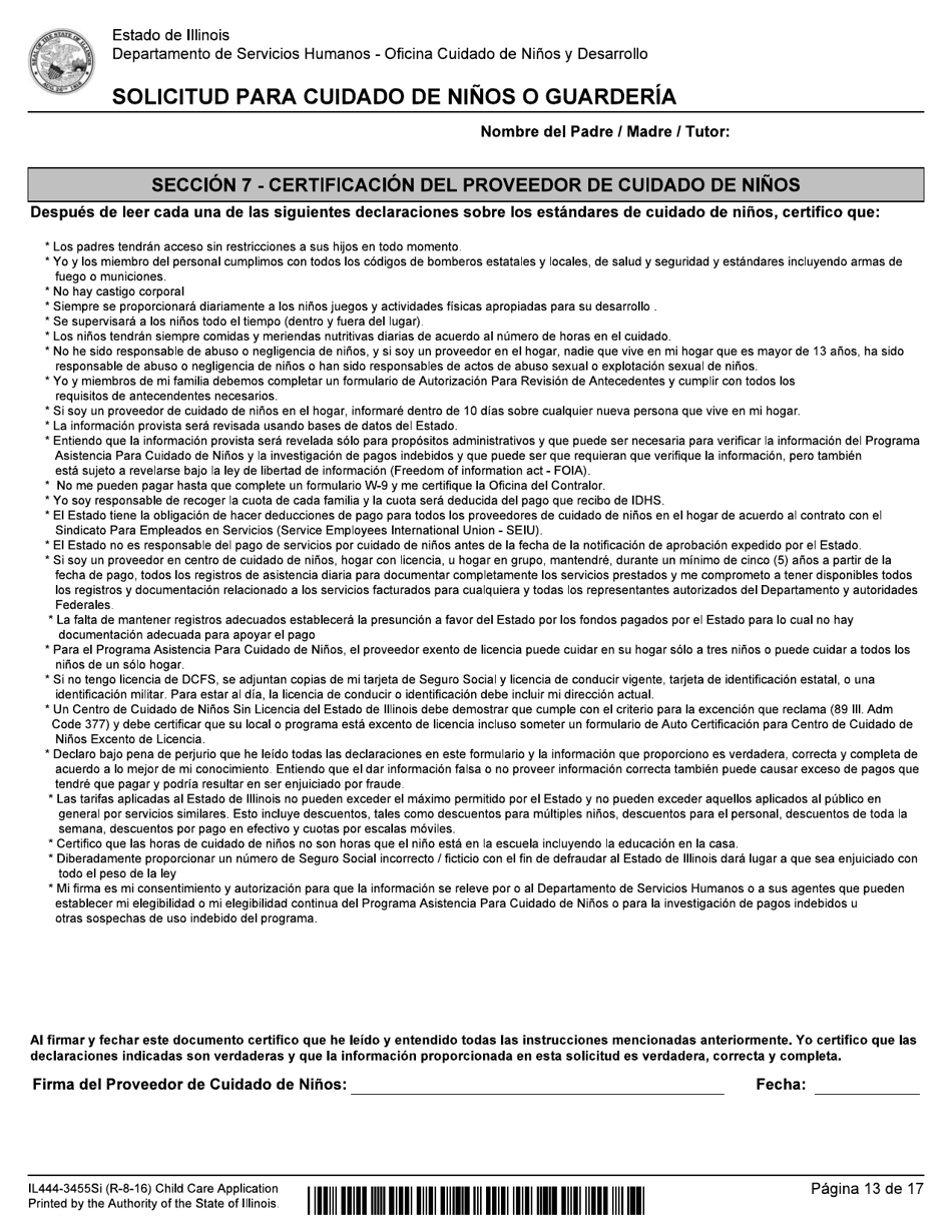 Formulario IL444-3455SI Solicitud Para Cuidado De Ni os O Guarderia - Illinois (Spanish), Page 13