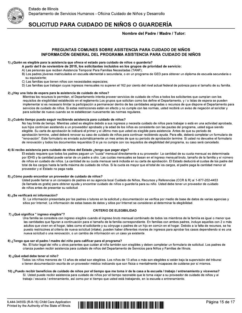 Formulario IL444-3455SI Solicitud Para Cuidado De Ni os O Guarderia - Illinois (Spanish), Page 15