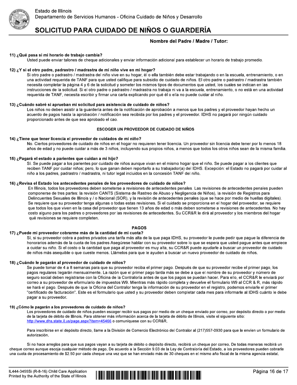 Formulario IL444-3455SI Solicitud Para Cuidado De Ni os O Guarderia - Illinois (Spanish), Page 16