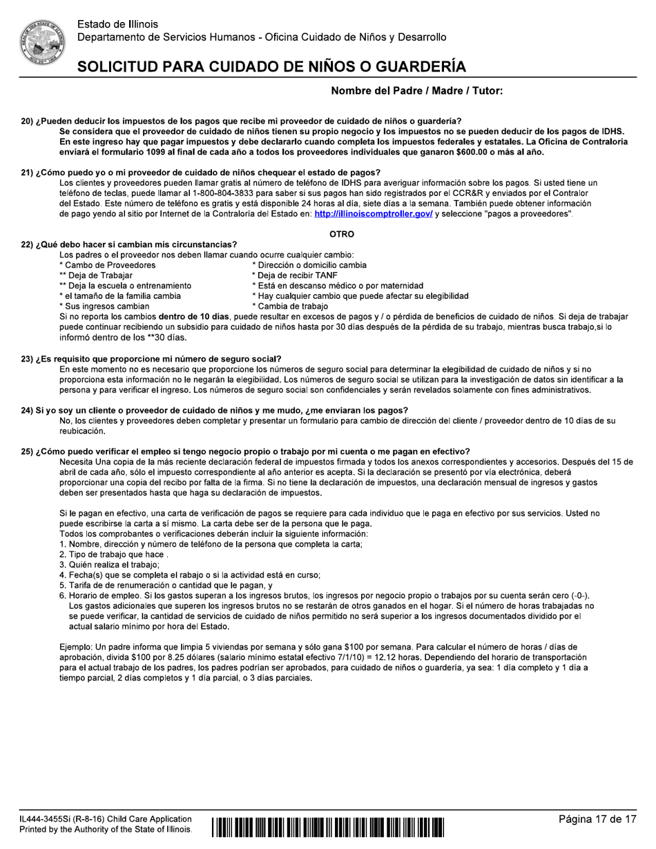 Formulario IL444-3455SI Solicitud Para Cuidado De Ni os O Guarderia - Illinois (Spanish), Page 17