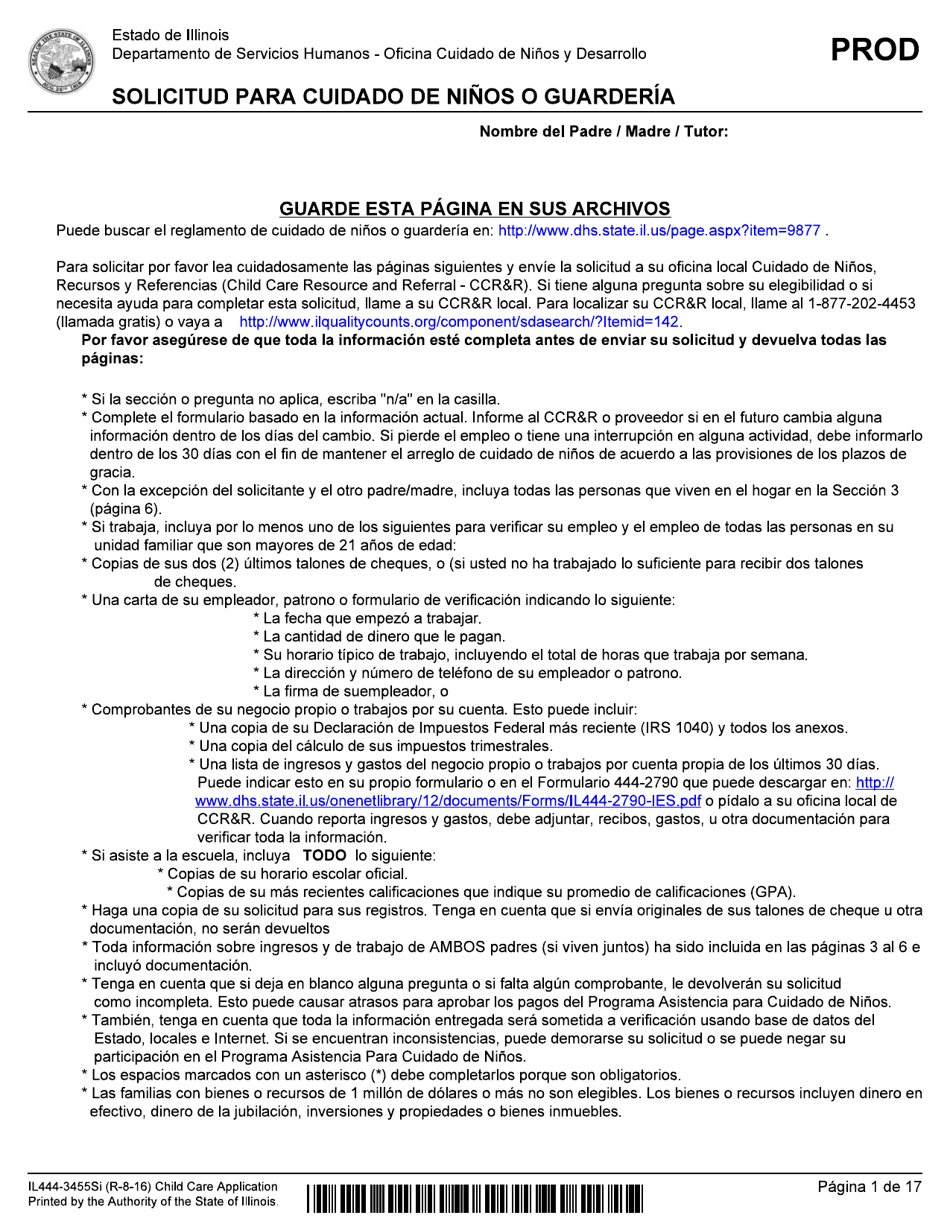 Formulario IL444-3455SI Solicitud Para Cuidado De Ni os O Guarderia - Illinois (Spanish), Page 1