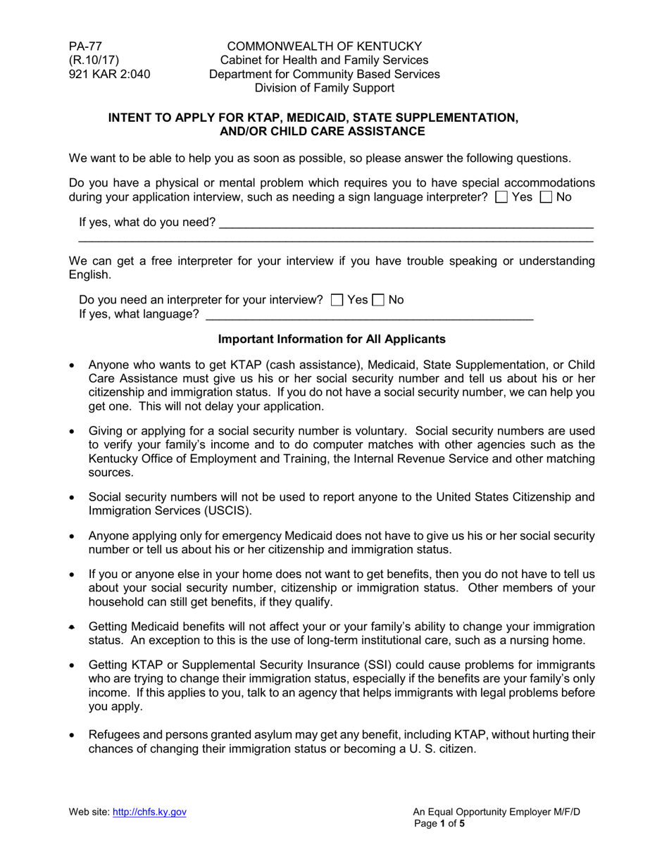 Form Pa 77 Download Printable Pdf Or Fill Online Intent To Apply For Ktap Medicaid State Supplementation And Or Child Care Assistance Kentucky Templateroller