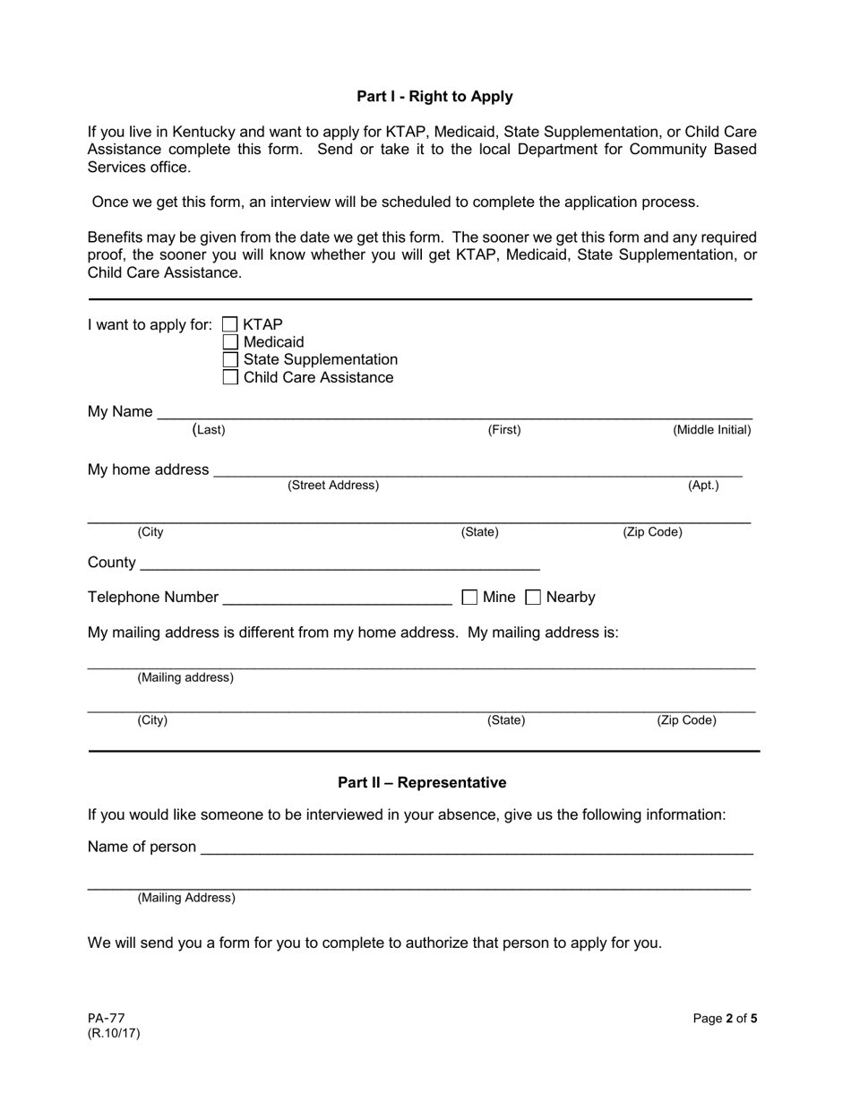 Form Pa 77 Download Printable Pdf Or Fill Online Intent To Apply For Ktap Medicaid State 0117