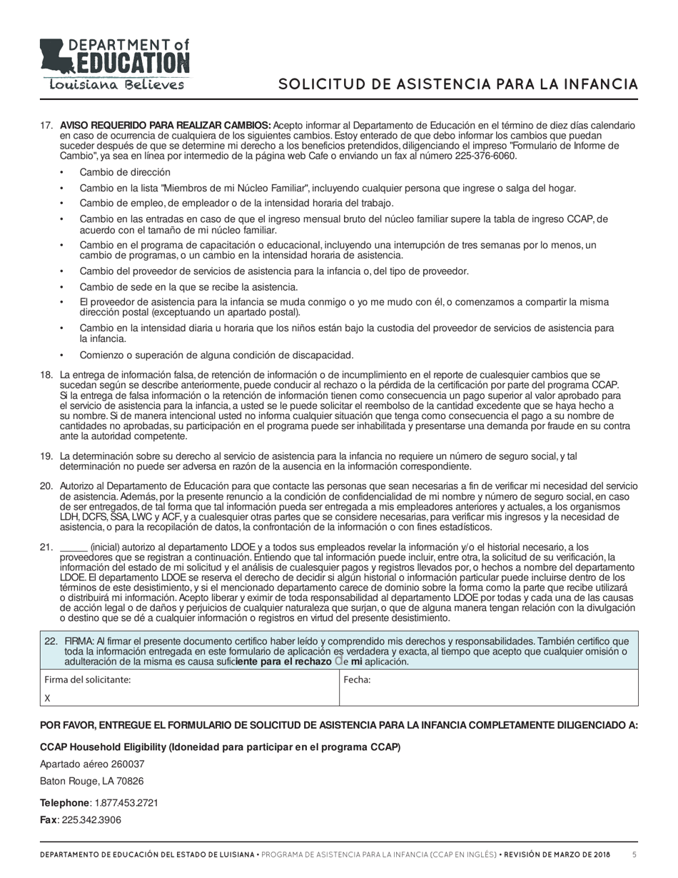 Solicitud De Asistencia Para La Infancia - Louisiana (Spanish), Page 5
