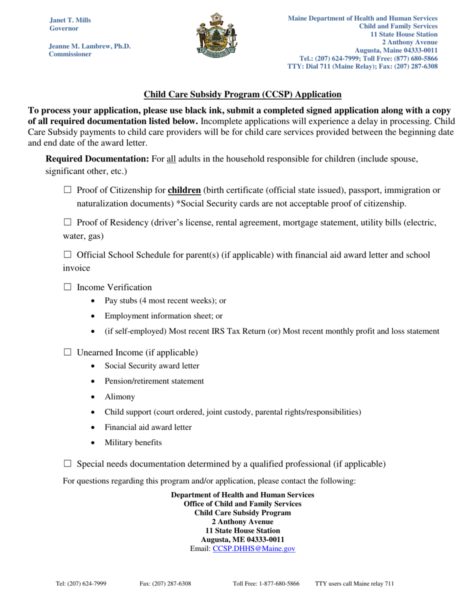 Child Care Subsidy Program (Ccsp) Application - Maine, Page 1