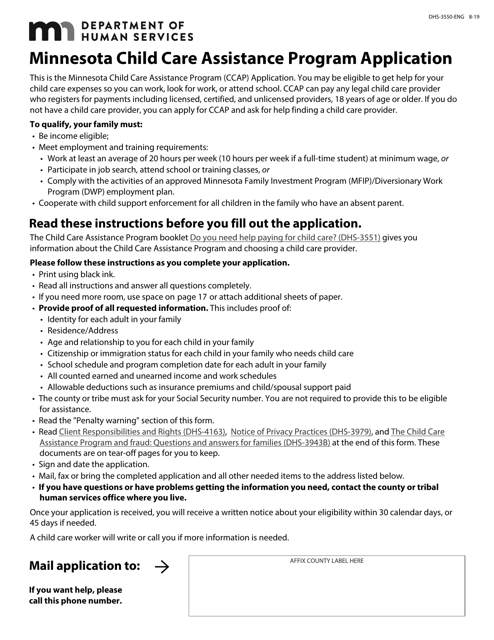 Form DHS-3550-ENG Minnesota Child Care Assistance Program Application - Minnesota