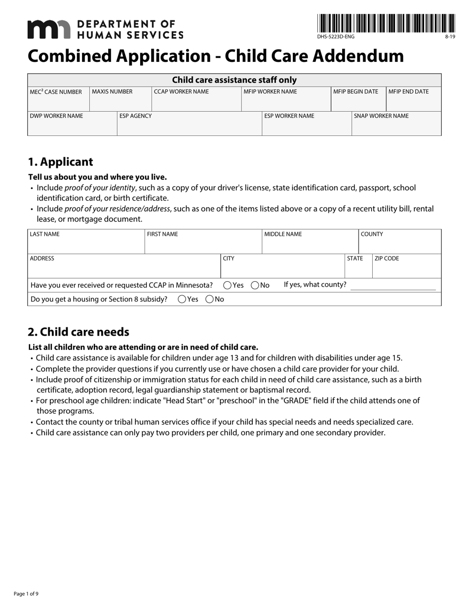 Form DHS-5223D-ENG Combined Application - Child Care Addendum - Minnesota, Page 3