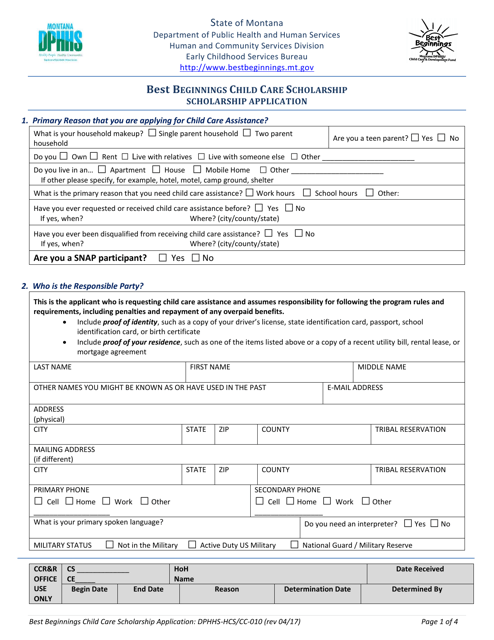 Form DPHHS-HCS/CC-010 Best Beginnings Child Care Scholarship Application - Montana
