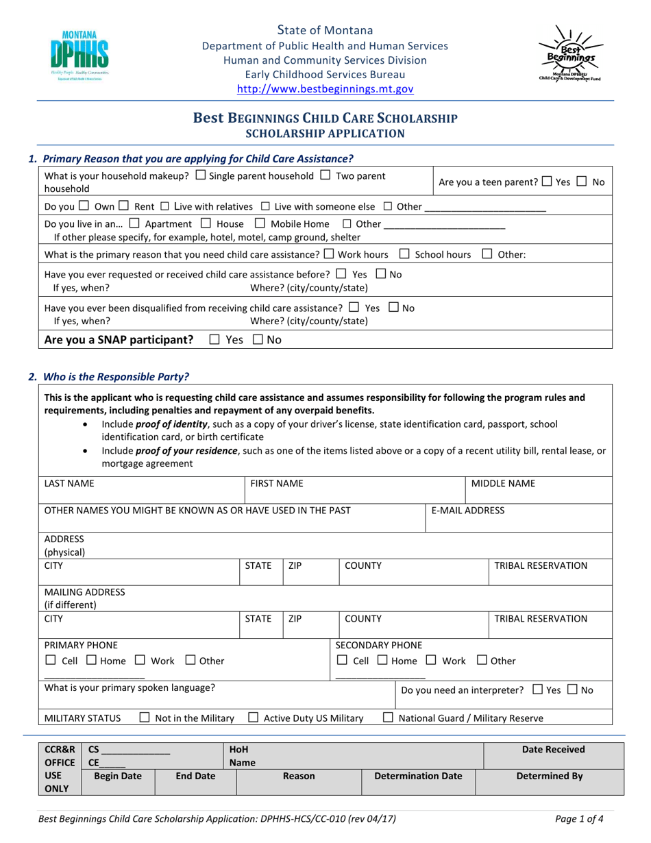 Form DPHHS-HCS / CC-010 Best Beginnings Child Care Scholarship Application - Montana, Page 1