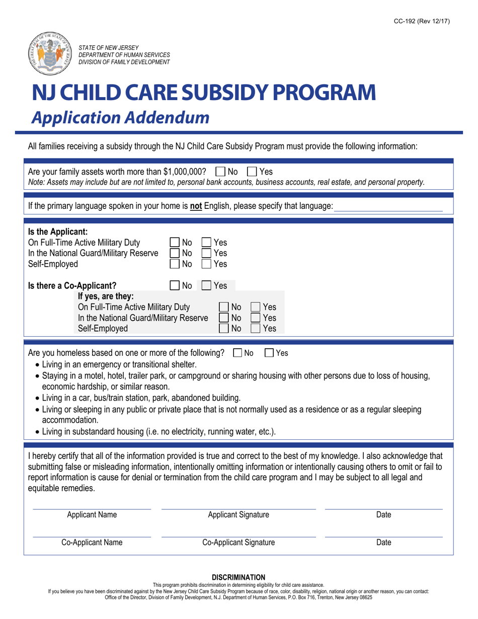 Form CC-192 Nj Child Care Subsidy Program Application Addendum - New Jersey, Page 1