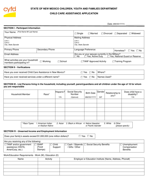 Child Care Assistance Application - New Mexico Download Pdf