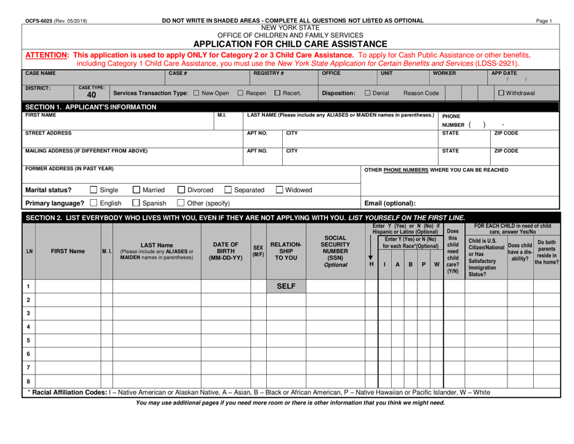 Form OCFS-6025 Application for Child Care Assistance - New York